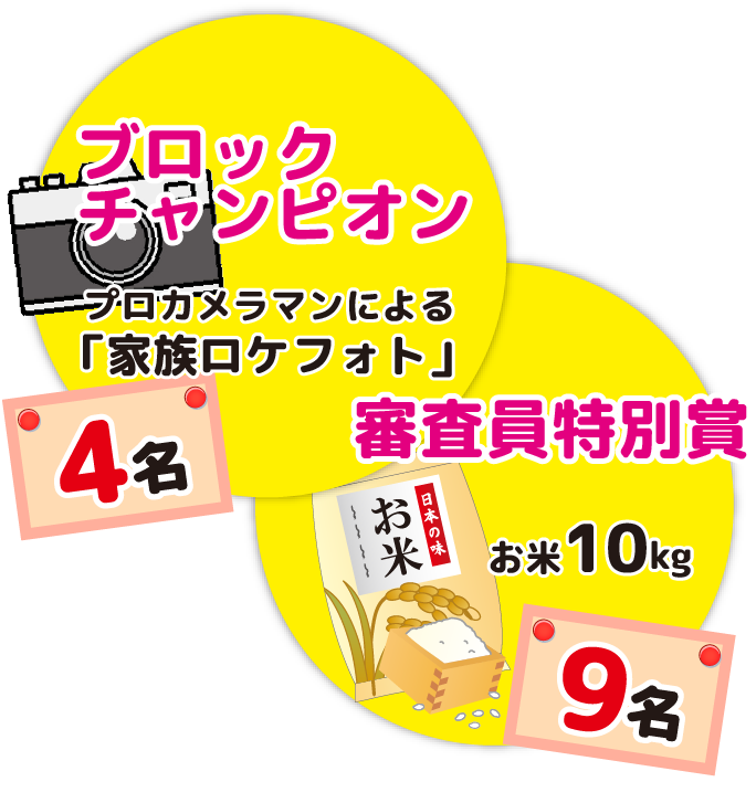 ブロックチャンピオン＝プロカメラマンによる「豪華ロケフォト」 4名、審査員特別賞＝お米10kg 9名